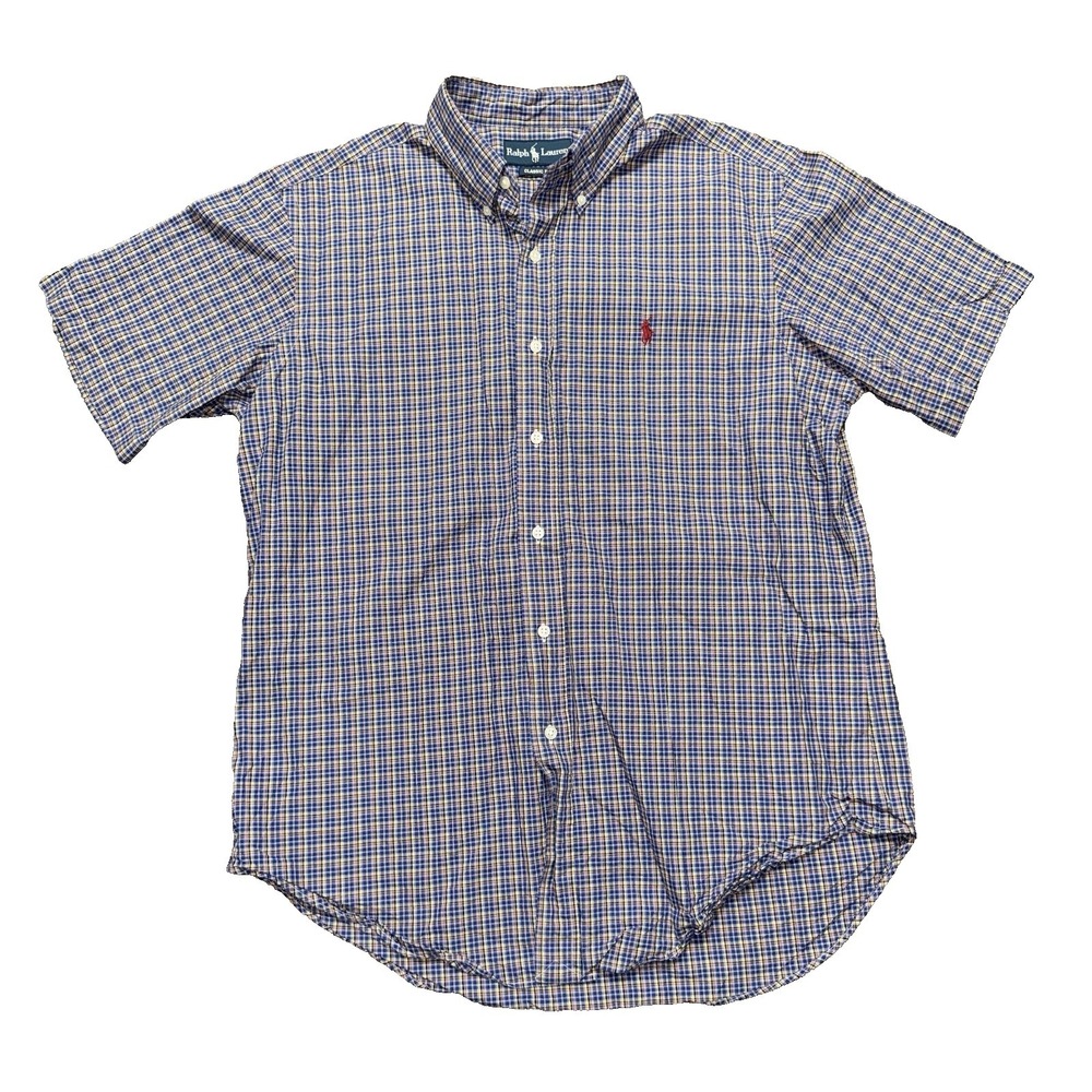 Vintage Ralph Lauren Classic Fit Short Sleeve Button Shirt Men Large Blue Plaid